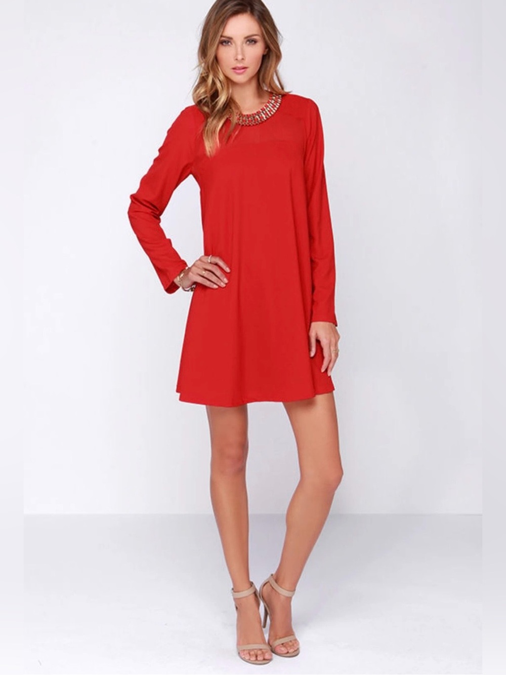 Lulu's City to City Red Long Sleeves Shift Dress